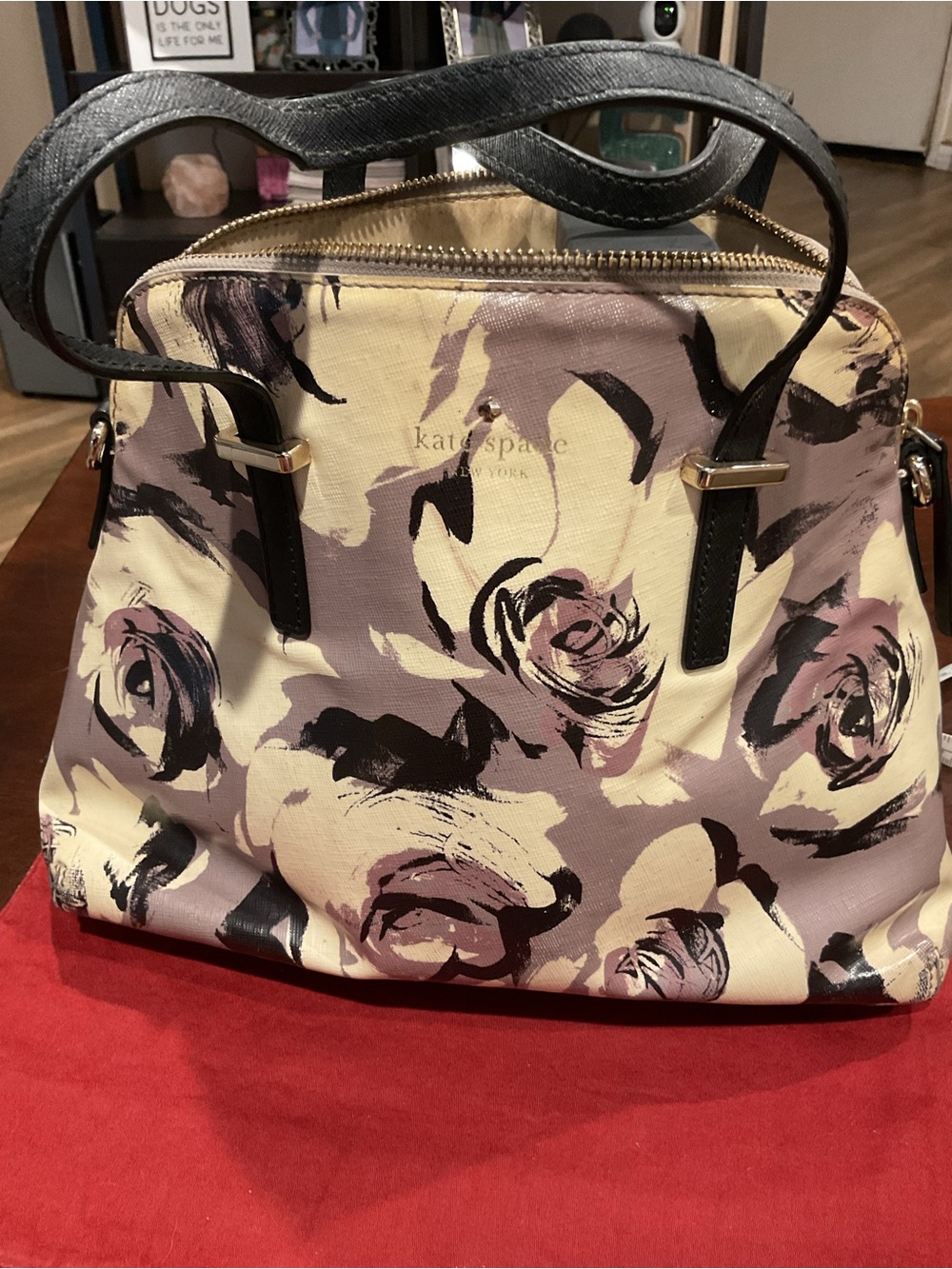 kate spade Floral Print Tote in Cream and Mauve with Black Handles